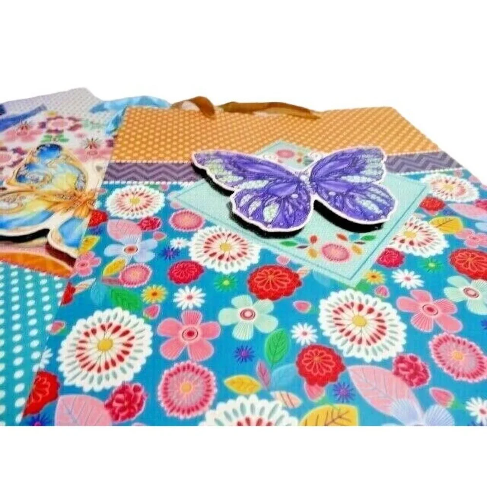 IV America Butterfly 3-pc Gift Bags 3-D Chevron Floral Dots Ribbon Handle NEW